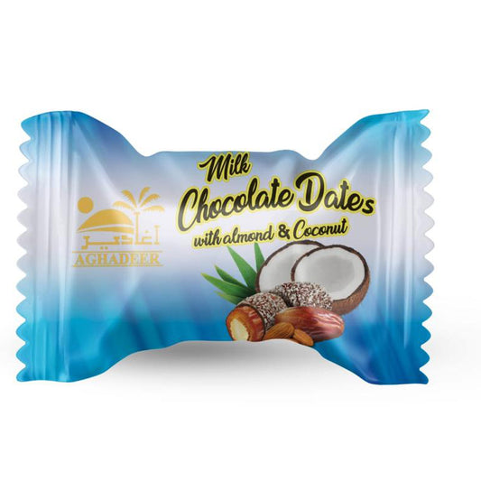 Coconut coated chocolate dates with almond